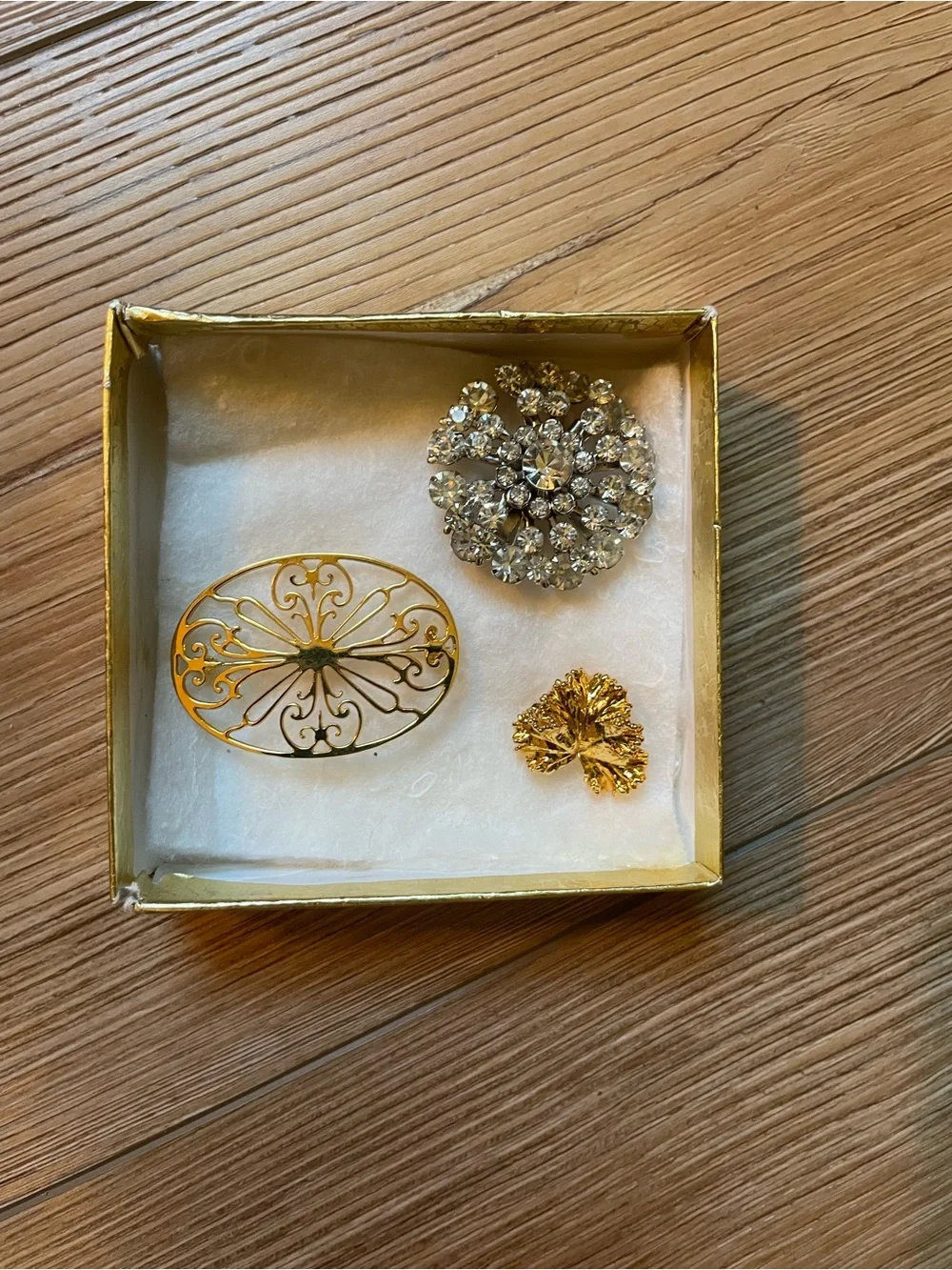 Gold and Crystal Vintage Brooch Trio - Floral & Filigree